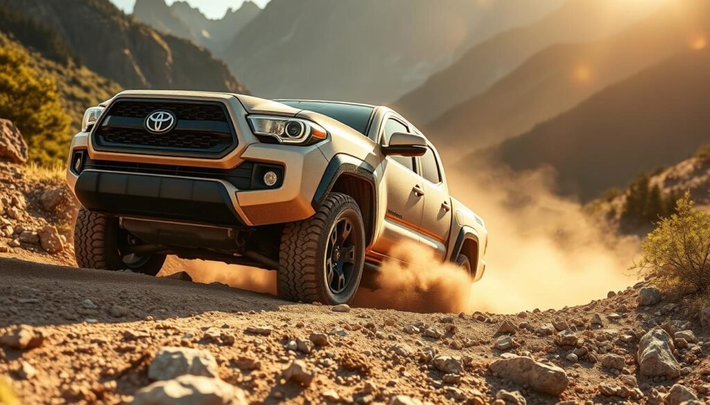 A rugged Toyota Tacoma TRD Off-Road pickup truck navigating a rocky, sun-dappled trail. The truck is coated in a layer of dust, its knobby all-terrain tires gripping the uneven terrain. In the foreground, the truck's aggressive front grille and LED headlights are highlighted, conveying its off-road capabilities. The middle ground features the truck's muscular fenders and lifted suspension, while the background showcases a dramatic mountain landscape, with towering peaks and lush vegetation. The scene is bathed in warm, golden sunlight, creating a sense of adventure and exploration. The overall mood is one of power, capability, and a connection to the great outdoors.