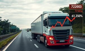 Caminhão transportando carga em estrada com gráfico de preços de combustível sobreposto, ilustrando fatores que afetam o frete barato de caminhões