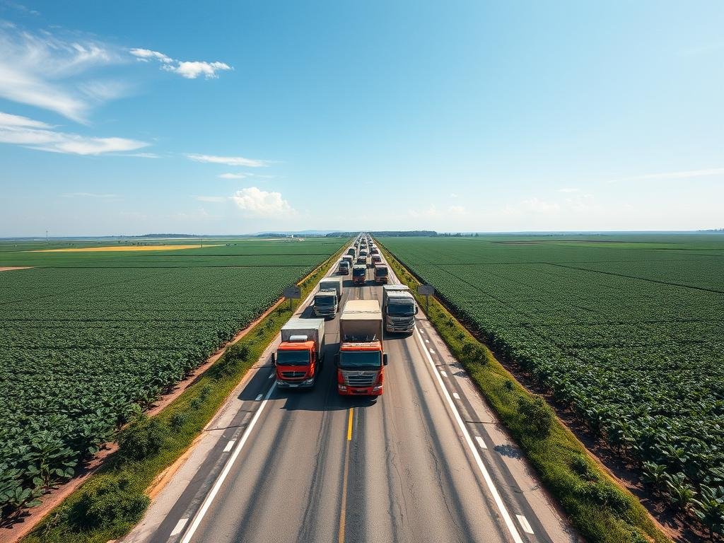 Caminhões transportando safra agrícola em julho 2025