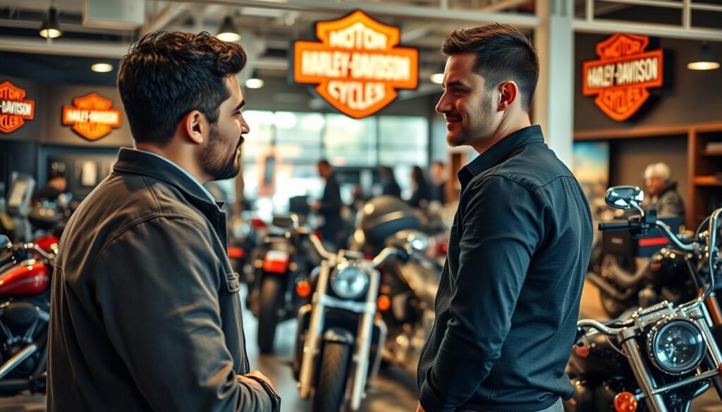 Cliente em concessionária Harley-Davidson no Brasil conversando com vendedor