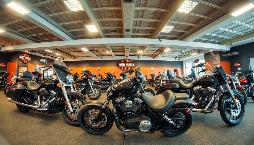 Diversos modelos Harley-Davidson em exposição representando diferentes estilos de pilotagem