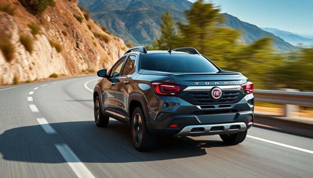 Fiat Toro 2026 em movimento em estrada sinuosa mostrando sua dinâmica de condução