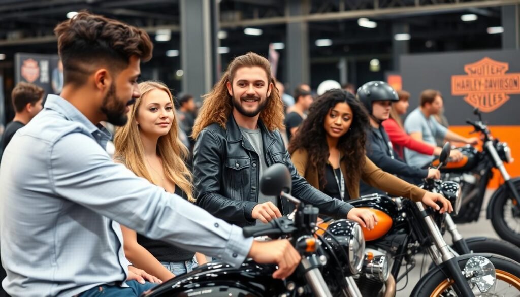Jovens motociclistas com motos vendidas da Harley-Davidson em evento