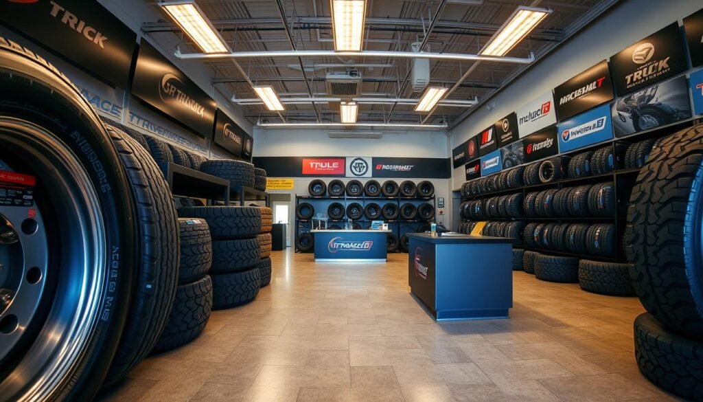 Loja especializada em pneus para caminhões com diversos modelos em exposição
