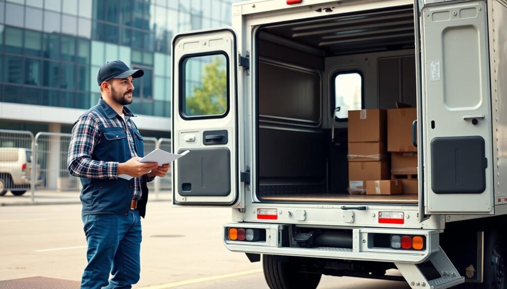 Motorista iniciante em caminhão barato realizando entrega