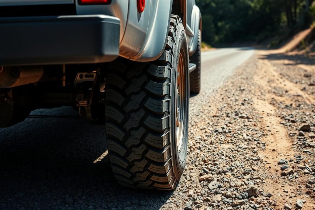 Pneu misto para caminhão em operação em terreno irregular