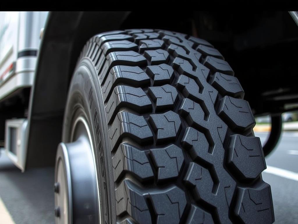 Pneu urbano para caminhão mostrando detalhe da banda de rodagem resistente