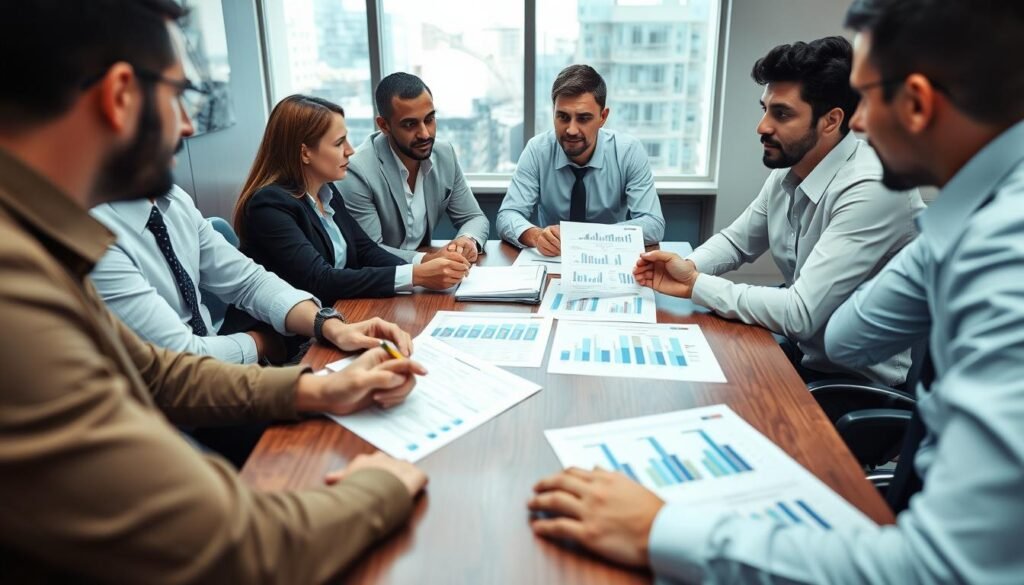 Profissionais negociando valores de frete barato de caminhões em reunião