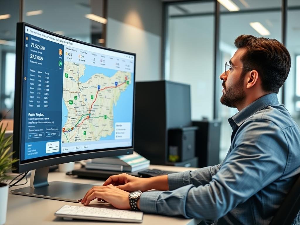 Profissional de logística analisando rotas em computador buscando frete barato de caminhões