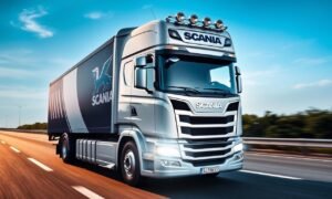 Caminhão Scania moderno na estrada com o logo da marca em destaque