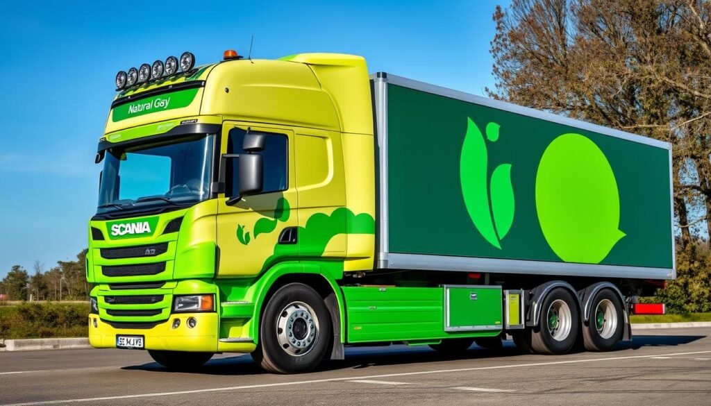 Caminhão Scania movido a gás natural ou biometano em operação
