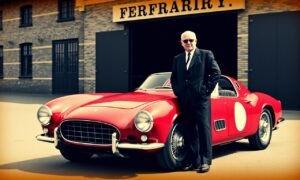 Enzo Ferrari ao lado do primeiro carro oficial da marca, o Ferrari 125 S de 1947