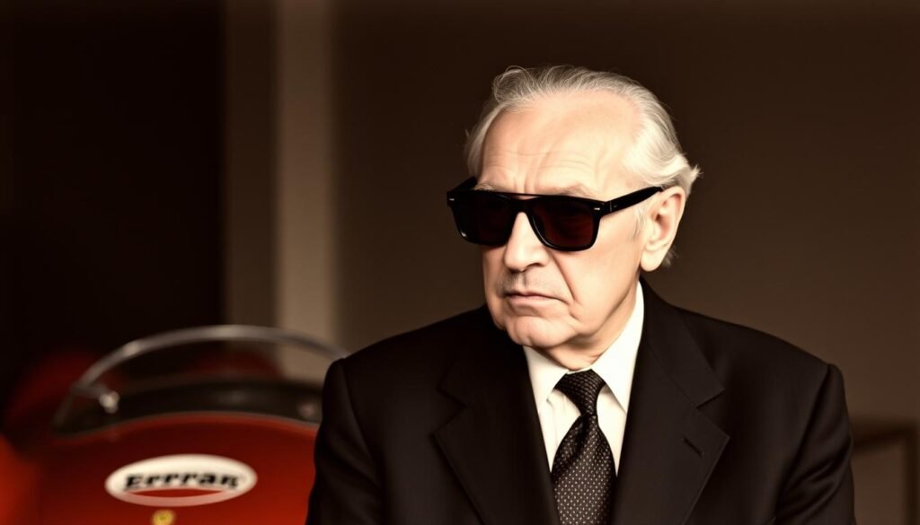 Enzo Ferrari usando seus característicos óculos escuros, marca registrada do fundador