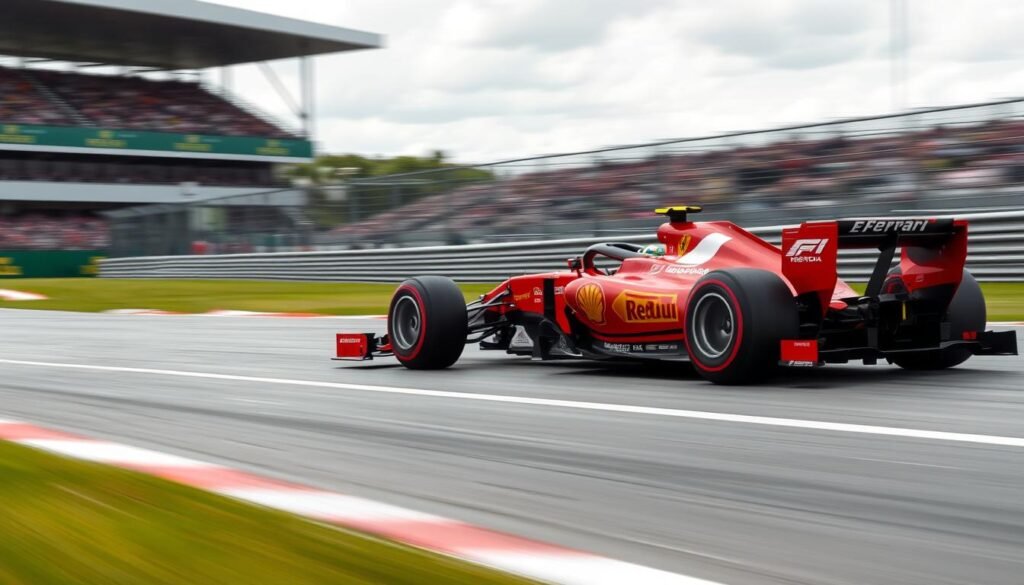 Ferrari F1 durante uma corrida de Fórmula 1, mostrando a herança de competição da marca