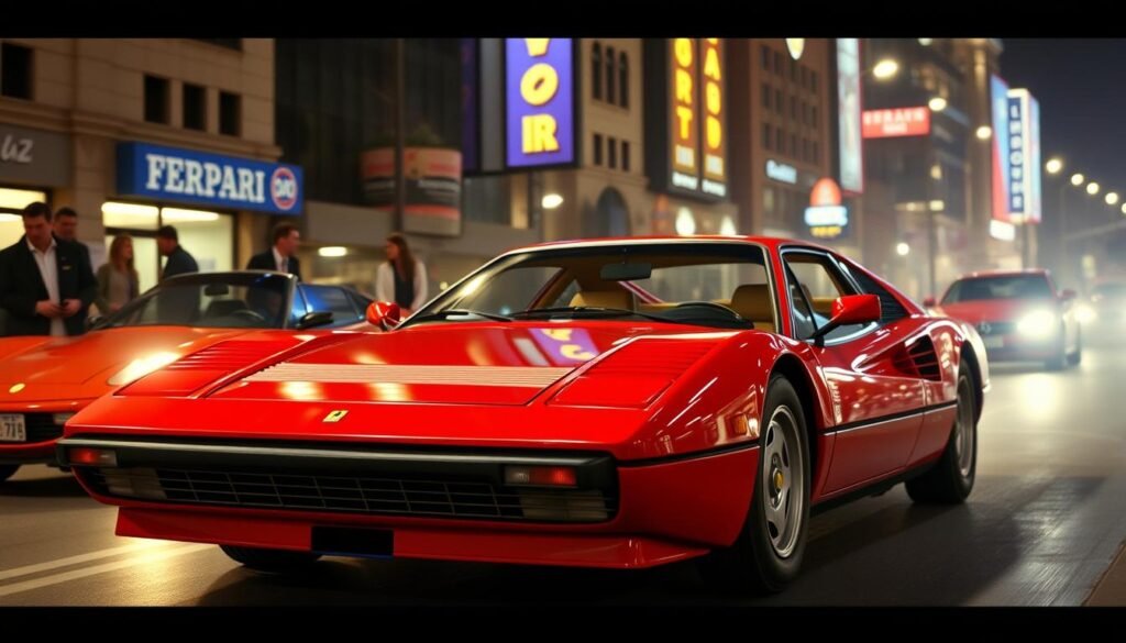 Ferrari em cena de filme de Hollywood, demonstrando a presença da marca na cultura pop