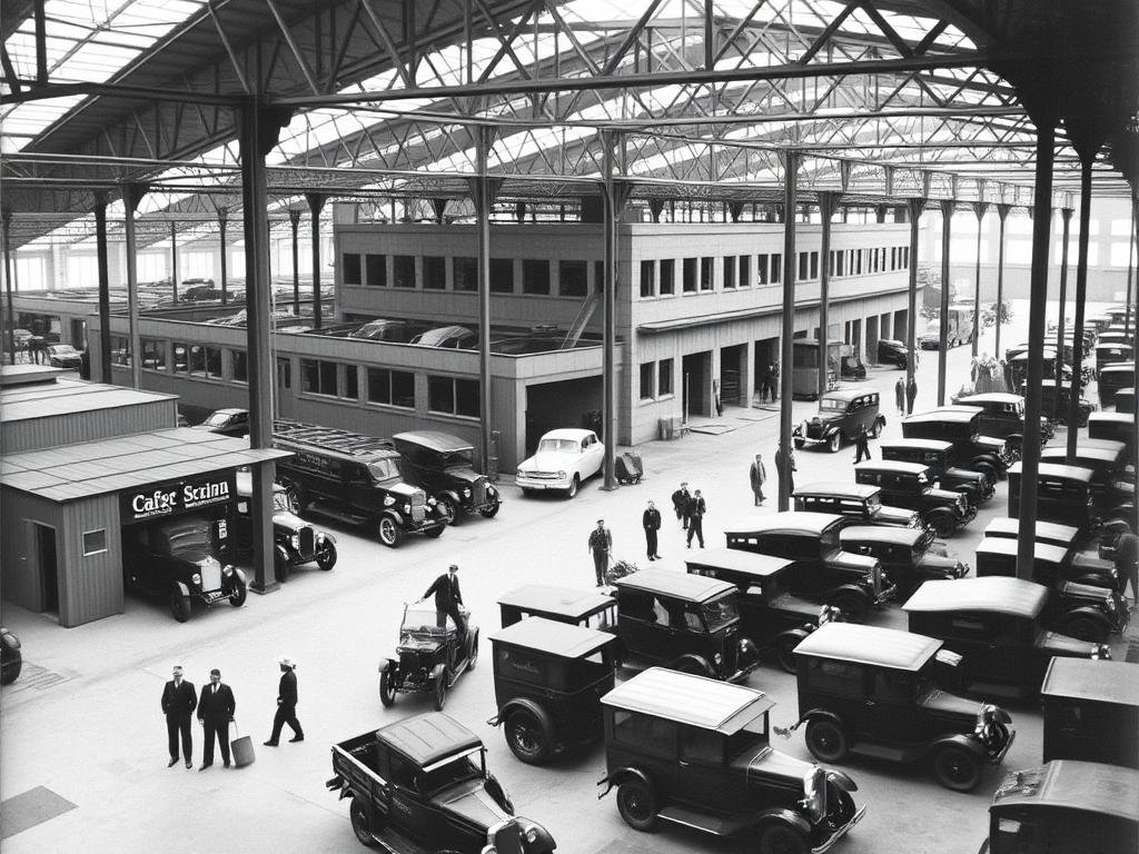 Foto histórica da primeira fábrica da Scania-Vabis em Södertälje, Suécia