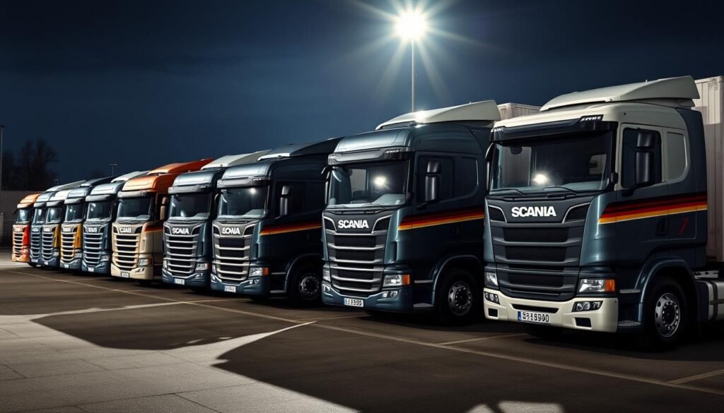Linha de caminhões Scania de diferentes gerações lado a lado mostrando a evolução da marca