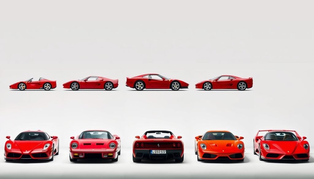 Linha de evolução dos modelos Ferrari ao longo das décadas, mostrando a evolução do design