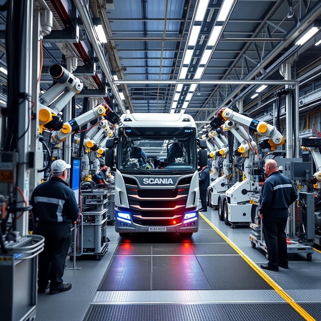 Linha de produção moderna da Scania com robôs e tecnologia avançada