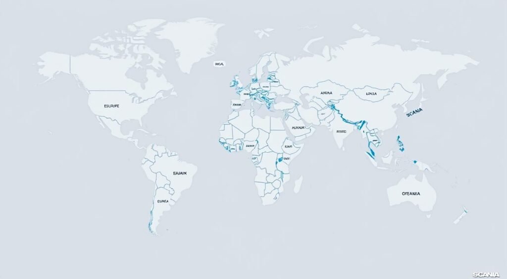 Mapa global mostrando a presença da Scania em diferentes continentes
