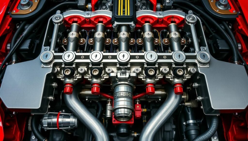 Motor V12 da Ferrari exposto, mostrando a engenharia de precisão característica da marca
