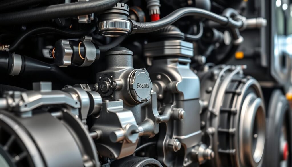 Motor V8 da Scania com detalhes tecnológicos em destaque