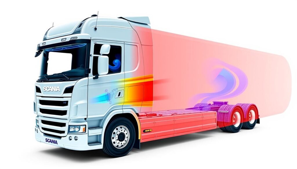 Sistema aerodinâmico do Novo Scania com visualização do fluxo de ar