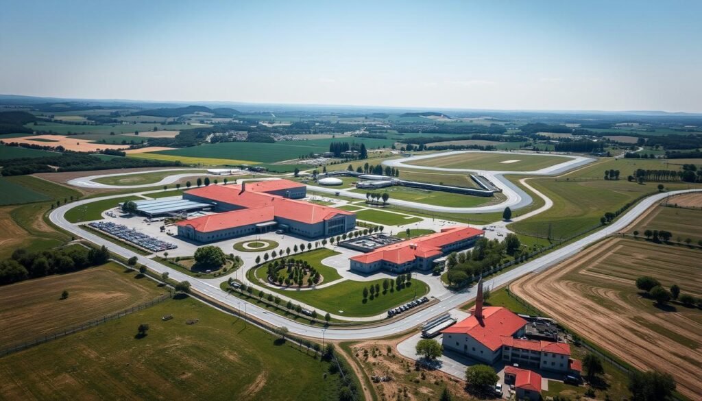 Vista aérea da fábrica da Ferrari em Maranello, Itália, com a pista de testes Fiorano