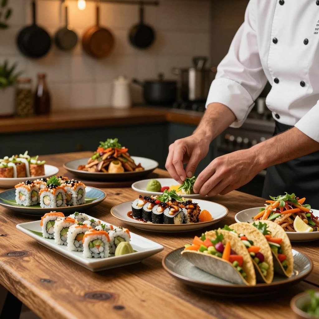 A beautifully arranged culinary fusion spread on a rustic wooden table. In the foreground, vibrant dishes represent a blend of cultures, featuring intricate sushi rolls alongside colorful tacos filled with fresh vegetables. In the middle, a pair of hands, clad in a professional chef’s jacket, carefully garnishes a plate with herbs, symbolizing the challenges of mixing diverse cuisines. The background showcases a softly blurred kitchen setting, with warm lighting illuminating hanging pots and spices, creating a cozy yet sophisticated atmosphere. The mood is one of exploration and creativity, inviting viewers to appreciate the artistry involved in culinary mixing. The lens captures the scene from a slight angle, enhancing the depth and inviting the viewer into this food experience.