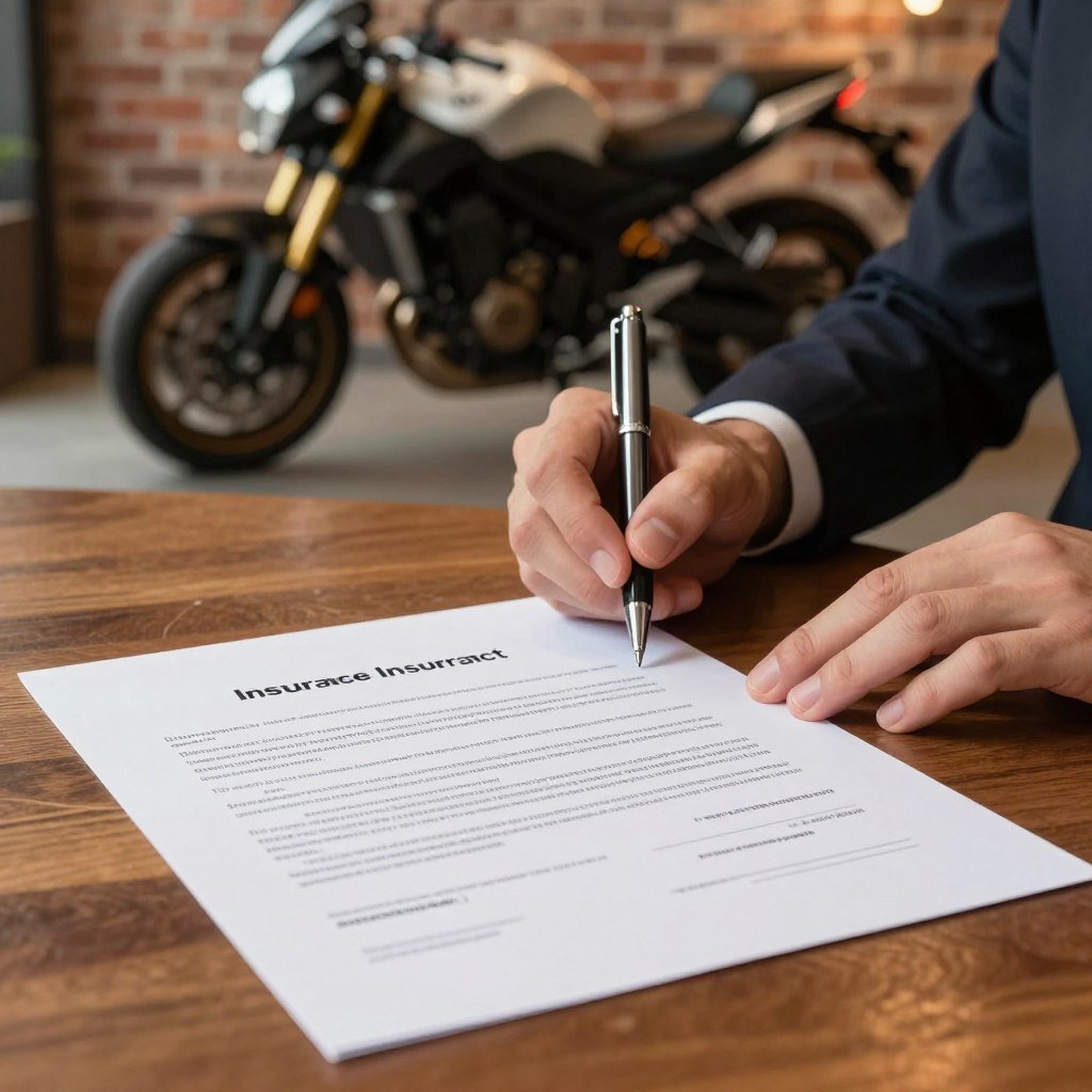 A beautifully designed motorcycle insurance contract laid out on a polished wooden desk. The foreground features a close-up of the contract with clear, elegant text formatting and intricate details of the paper texture. In the middle, a pair of hands in professional business attire are holding a pen, poised to sign the document. The background displays a blurred image of a modern motorcycle parked against a brick wall, softly lit by warm ambient lighting. The scene conveys a sense of importance and professionalism, emphasizing the necessity of understanding the insurance contract. The overall atmosphere is calm and focused, with gentle shadows casting a reassuring vibe while reflecting a safe environment for motorcycle enthusiasts.