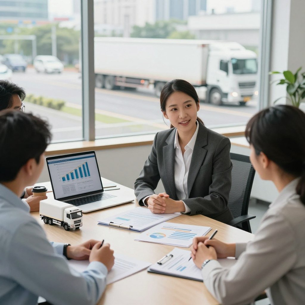 A bright and professional office setting focused on truck insurance. In the foreground, depict a confident insurance agent in business attire, discussing coverage options with a diverse group of clients, all appearing engaged and satisfied. In the middle ground, showcase an organized desk with papers, a laptop displaying graphs related to truck insurance, and a model truck symbolizing the fleet being insured. In the background, large windows let in natural light, revealing a cityscape with trucks navigating the streets, emphasizing the importance of protection for commercial vehicles. Capture a warm, inviting atmosphere to convey trust and professionalism in the insurance brokerage industry. Use a soft focus lens to enhance the depth and details, aiming for a slightly elevated angle to encompass the entire scene.