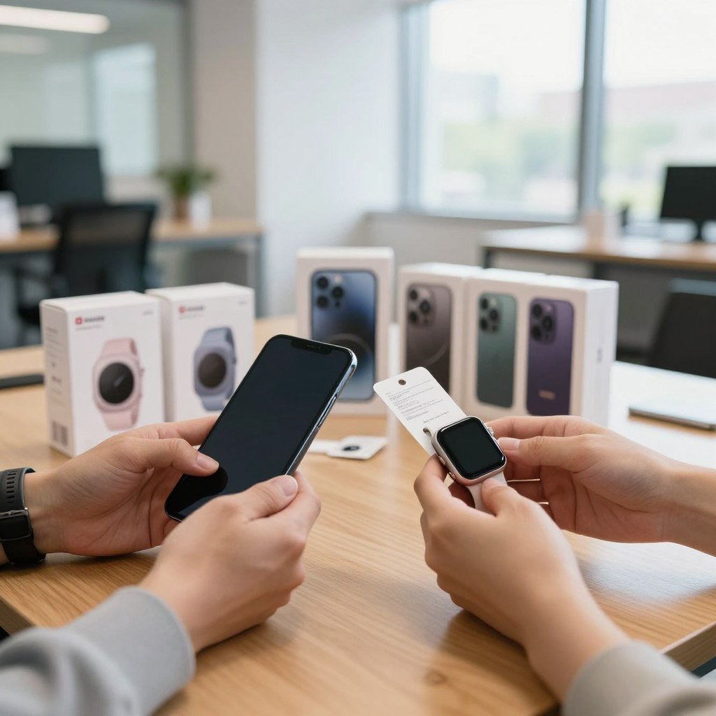 A bright, modern office setting filled with technology products and gadgets. In the foreground, two hands are holding price tags, comparing them side by side; one hand is holding a smartphone while the other holds a smart watch. In the middle, there are several product boxes of different brands and models arranged neatly on a polished wooden table, showcasing their features. The background features a large window with natural light streaming in, creating a warm and inviting atmosphere. The lens is focused on the products with a shallow depth of field, slightly blurring the office environment. The mood is analytical yet engaging, reflecting the process of comparison shopping while conveying an air of professionalism and intent to make informed decisions.