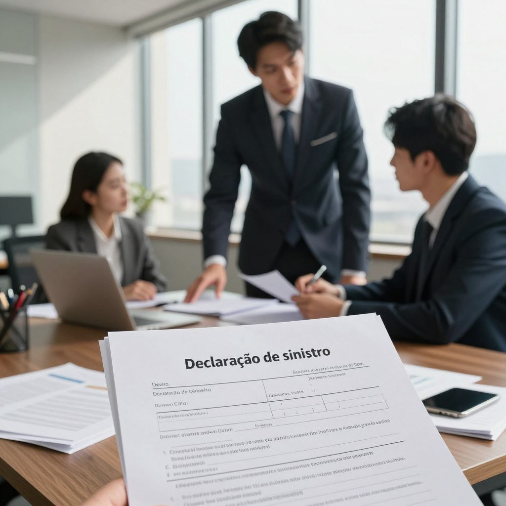 A business professional in a stylish office setting, standing beside a desk cluttered with paperwork and a laptop, looking intently at a 'declaração de sinistro' form. In the foreground, a close-up of the form itself, showcasing detailed sections for date, details of the incident, and necessary information for a claim. In the middle ground, the professional, dressed in a formal suit, interacts with a colleague who is seated and taking notes. The background features a large window with natural light streaming in, casting soft shadows across the room, creating a focused and serious atmosphere. The overall mood is one of determination and professionalism, highlighting the importance of properly declaring an incident.