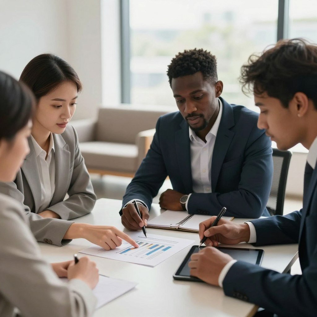 A clean, professional office environment showcasing a business meeting. In the foreground, a diverse group of three business professionals—two women and one man—are intently discussing an insurance policy document laid out on a sleek conference table. One woman, of Asian descent, is pointing at a graph on the document, while the man, a Black professional, is taking notes on a tablet. In the background, large windows allow natural light to flood the room, casting a warm glow on modern furnishings. The atmosphere is focused and collaborative, emphasizing trust and transparency in managing an insurance policy. The scene is captured with a shallow depth of field to keep the subjects sharp while softly blurring the background, enhancing the intimate, engaged mood of the discussion.