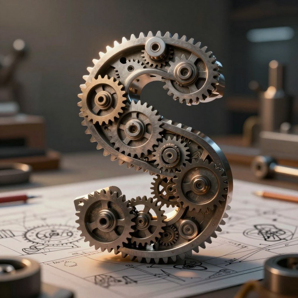 A close-up illustration of intricate mechanisms of 'S' shapes, showcasing gears and cogs interlocking in an elegant dance. The foreground features a finely detailed metallic 'S' formed by twisting gears, illuminated by soft, warm lighting that casts gentle shadows, emphasizing texture and depth. In the middle ground, a blurred backdrop of mechanical workshop elements—tools and blueprints—creates an industrious atmosphere. The background is dimmed slightly to enhance focus on the 'S' mechanisms, shot at a low angle with a shallow depth of field for dramatic effect. The overall mood is inspiring and focused, perfect for illustrating how these mechanisms function in a sophisticated and dynamic way.