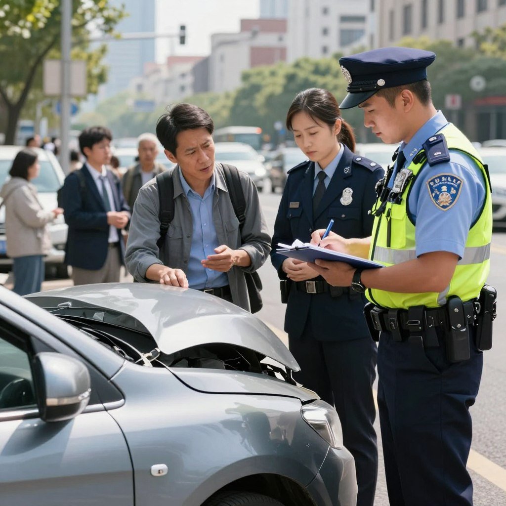 A close-up image focusing on a car accident scene on a busy city street, featuring a slightly damaged vehicle prominently in the foreground. A uniformed police officer is taking notes and directing traffic, dressed in professional attire. In the middle ground, a concerned driver is discussing the incident with a friendly insurance agent, both appearing calm and supportive. The background reveals city buildings and a few bystanders looking on with empathy. The lighting is bright and natural, suggesting a clear day, enhancing the atmosphere of community and safety. The angle captures the interactions and emotions of the people involved, emphasizing the importance of car insurance during such events.
