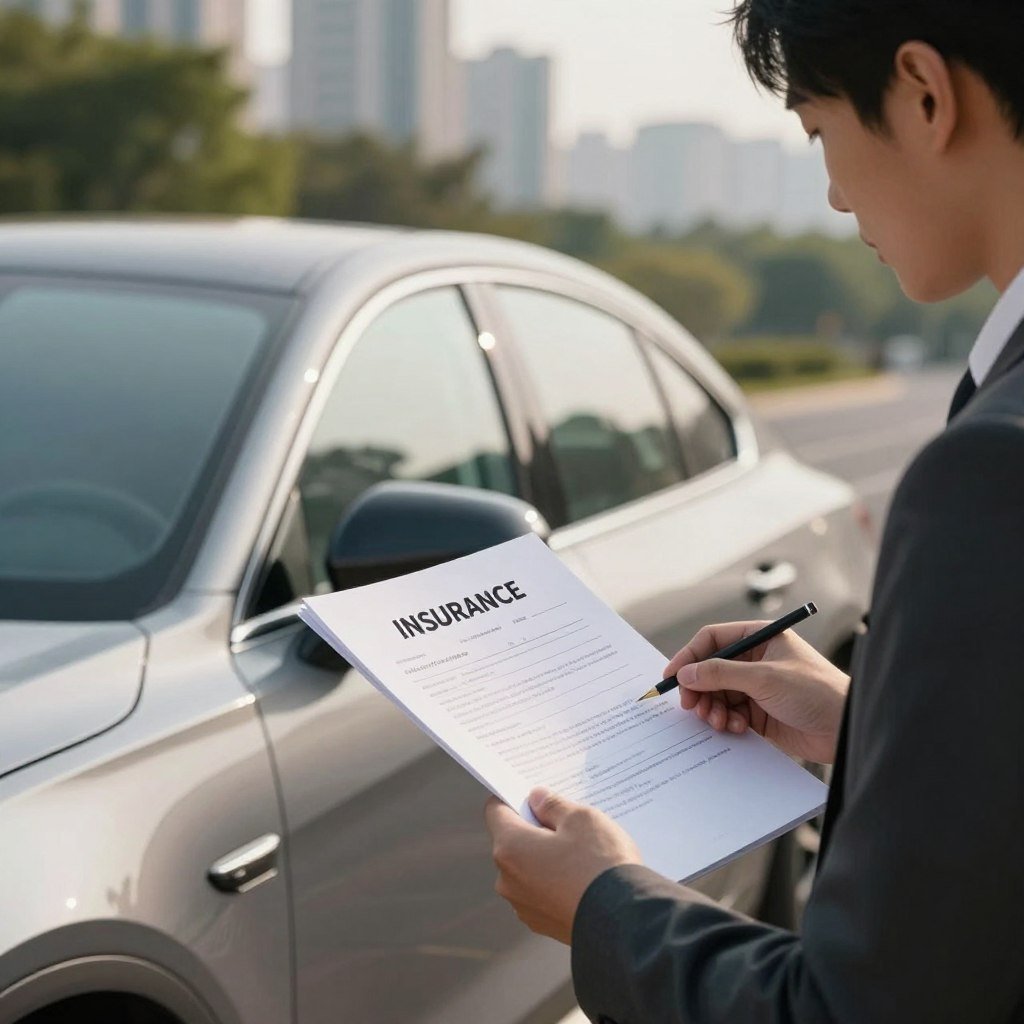 A close-up of a sleek, modern car parked in a serene urban setting, showcasing its glossy exterior reflecting the sunlight. In the foreground, a professional-looking man in business attire reviews an insurance policy document, symbolizing the importance of vehicle insurance. The middle ground features a visible city skyline, conveying security and stability, while the background is a soft, blurred view of lush greenery, enhancing the feeling of safety. The lighting is warm and inviting, lending a hopeful atmosphere to the scene. The angle is slightly low, emphasizing both the car and the man, highlighting the benefits and protection offered by vehicle insurance. The overall mood is professional yet reassuring, perfect for illustrating the benefits of vehicle insurance.