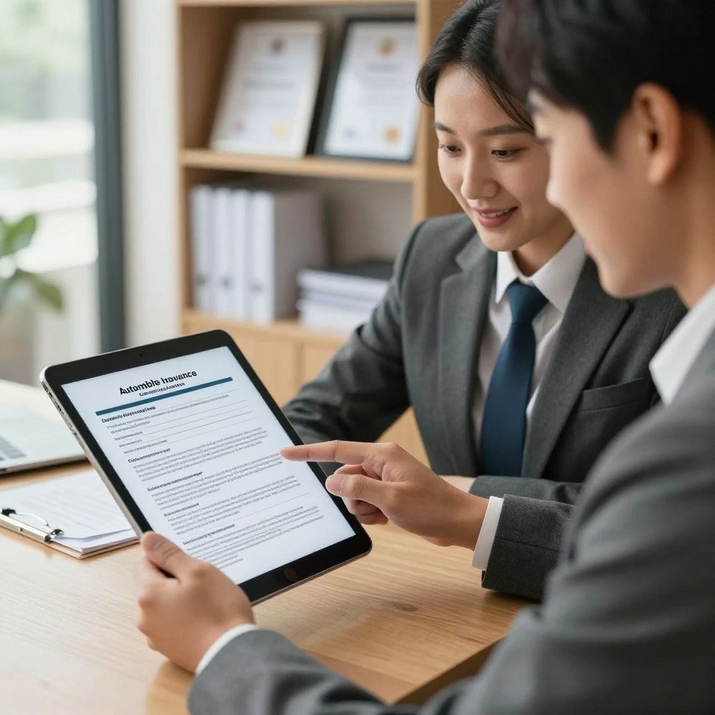 A close-up scene of a professional insurance agent, dressed in business attire, discussing an automobile insurance policy with a satisfied client in a modern office. The agent is pointing at a digital tablet displaying a clearly visible car insurance document, with essential terms highlighted. In the background, there are shelves with neatly arranged documents and framed certificates, emphasizing expertise. Soft natural light filters through large windows, casting gentle shadows that create a warm and inviting atmosphere. The angle is slightly above eye level, giving an engaging perspective that draws the viewer into the professional interaction. The mood is reassuring and trustworthy, reflecting the responsibility of managing good insurance practices.