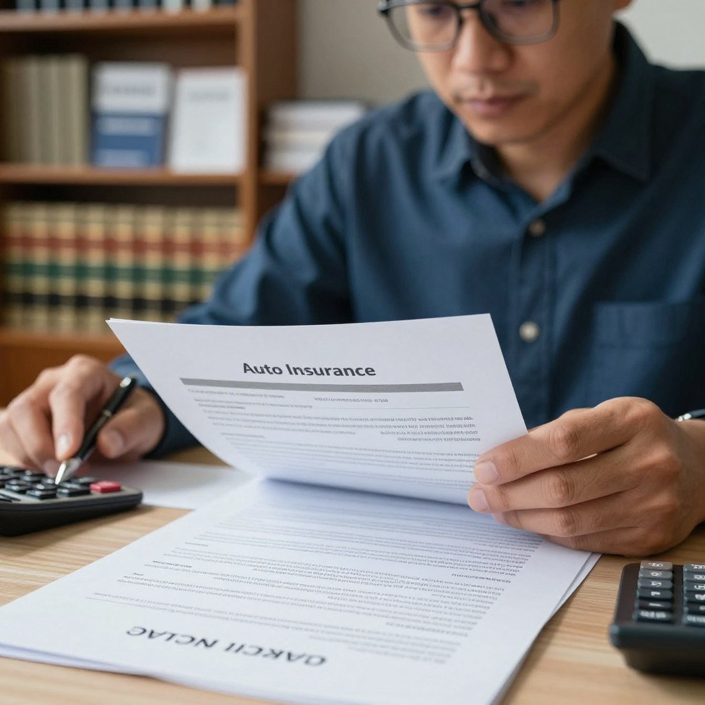A close-up shot of a professional reading an auto insurance contract, sitting at a desk cluttered with paperwork, a pen, and a calculator. The foreground features the contract clearly showing important clauses, with the person’s hand poised over a section, indicating careful examination. In the middle, a focused expression on their face, emphasizing the importance of understanding the terms. The background shows a blurred office setting with bookshelves filled with legal texts and insurance pamphlets, evoking a serious and informative atmosphere. Soft, natural lighting illuminates the scene, creating a calm and contemplative mood. The angle captures both the subject and the surrounding context, emphasizing the significance of the moment.