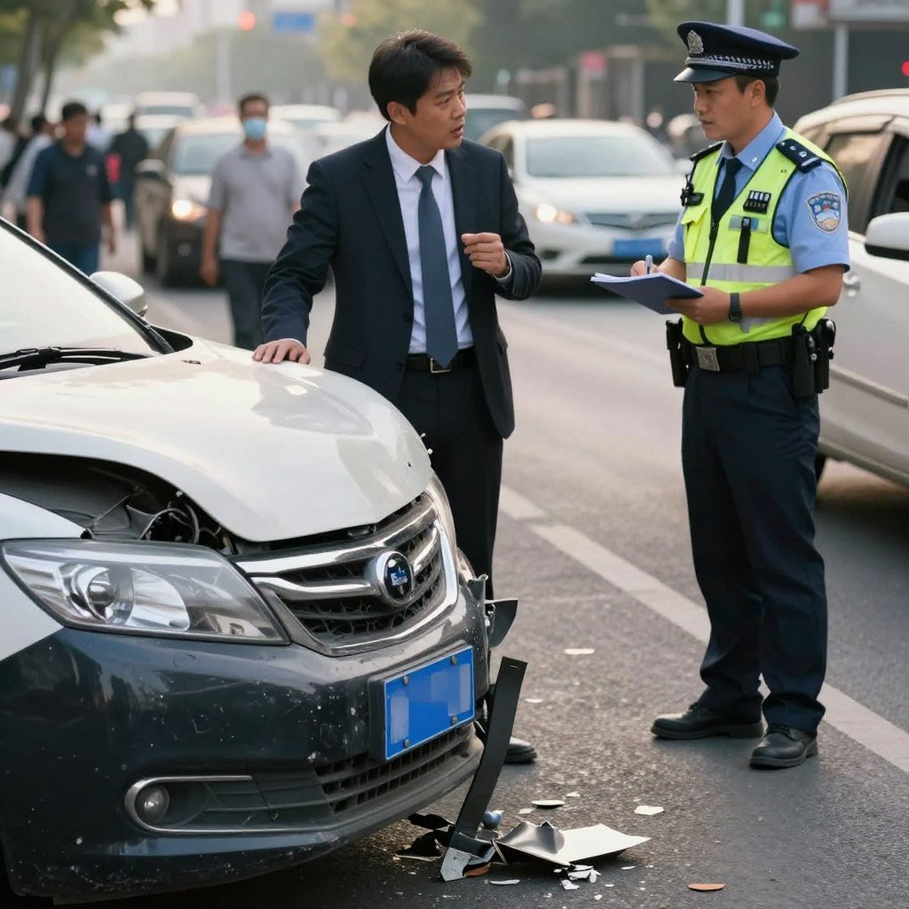 A close-up view of a car accident scene, illustrating the theme of "third-party damage coverage." In the foreground, a damaged vehicle with a smashed front bumper, showing debris scattered on a busy urban road. In the middle ground, a concerned driver dressed in professional business attire assesses the situation, speaking with a police officer who is taking notes. The background features blurred silhouettes of other vehicles and pedestrians, conveying a sense of urgency. The scene is depicted in soft natural lighting, suggesting mid-afternoon, with a dynamic angle that adds depth. The atmosphere is tense but controlled, emphasizing the importance of having auto insurance for unexpected incidents.