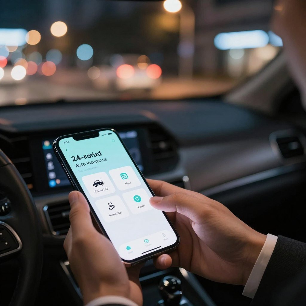 A close-up view of a car dashboard displaying a mobile app for 24-hour auto insurance assistance. The foreground features a smartphone with a sleek, modern design, showing a user-friendly interface with icons for immediate help options like towing and roadside assistance. In the middle, a pair of hands are actively using the app, wearing professional business attire. The background depicts an illuminated urban street at night, with soft bokeh effects from streetlights creating a warm, inviting atmosphere. The scene is bathed in gentle, focused lighting, emphasizing the app's clarity and ease of use. The overall mood is reassuring and professional, capturing the essence of immediate protection and support in times of need.