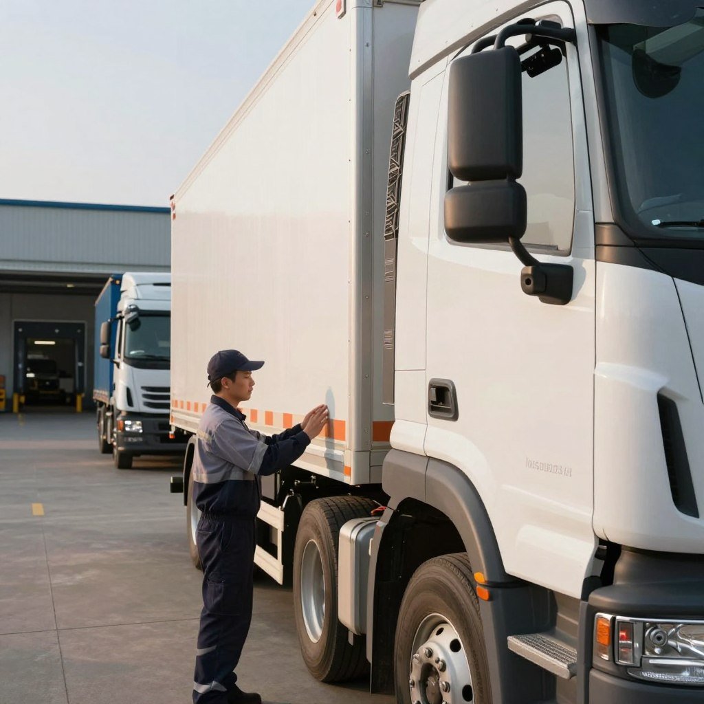 A close-up view of a cargo truck parked in an industrial area, showcasing its protective features such as reinforced side panels and sturdy locks. In the foreground, a professional truck driver in a smart uniform inspects the vehicle, highlighting the importance of securing cargo. The middle ground features another truck with visible insurance branding, emphasizing the business nature of the scene. In the background, a well-organized warehouse and loading dock are visible, hinting at the logistics industry. Ambient daylight filters through a clear sky, casting soft shadows, creating a calm and secure atmosphere. The scene should convey professionalism, safety, and reliability in vehicle protection.