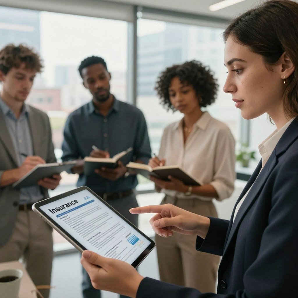 A close-up view of a diverse group of professionals discussing insurance in a modern office setting. In the foreground, a confident woman in smart business attire points towards an informational chart on a tablet, illustrating various insurance policy benefits. In the middle ground, a diverse team of three individuals, including a man and a woman, are engaged in conversation, taking notes. The background features a large window with natural light streaming in, showcasing a cityscape that indicates a bustling urban environment. The overall atmosphere is collaborative and informative, with warm lighting that creates a welcoming ambiance. The depth of field focuses on the professionals while lightly blurring the background for emphasis.