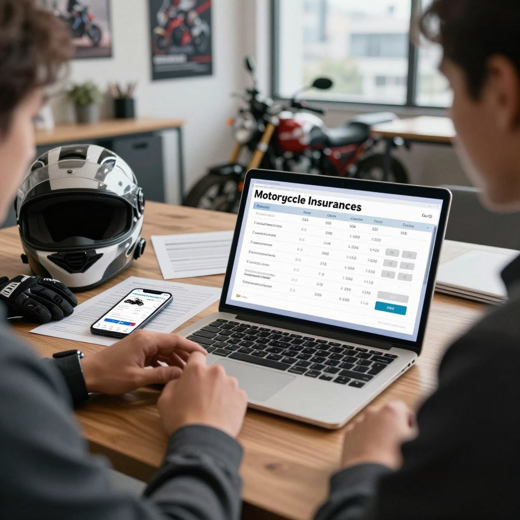 A close-up view of a motorcycle insurance calculator on a sleek laptop displayed on a wooden desk, surrounded by motorcycle gear such as a helmet and gloves. In the foreground, a professional-looking person, dressed in smart casual attire, is engaged in deep thought while analyzing the screen. The middle ground showcases various motorcycle insurance documents and a smartphone displaying a comparison app, emphasizing the process of calculating motorcycle insurance prices. In the background, a well-lit modern office environment with motivational posters and a cityscape visible through a large window. The lighting should be warm and inviting, creating a focused yet relaxed atmosphere, while the angle captures the details clearly, making the viewer feel as if they are part of the decision-making process.