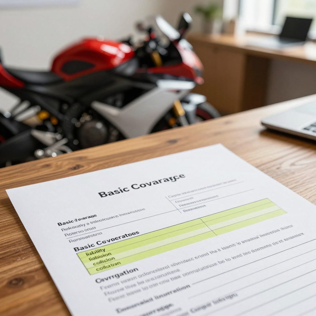 A close-up view of a motorcycle insurance policy document, elegantly laid out on a wooden desk, emphasizing key coverage aspects. In the foreground, focus on the crisp, printed policy details with highlighted sections, showcasing terms like "liability" and "collision." The middle ground features a sleek motorcycle partially visible, hinting at its vibrant color and modern design. In the background, softly blurred elements of a cozy office setting with warm, natural lighting create a professional atmosphere. The scene is captured from a slightly elevated angle, bringing attention to the document while maintaining an inviting mood, perfect for illustrating a section on basic coverage in motorcycle insurance.