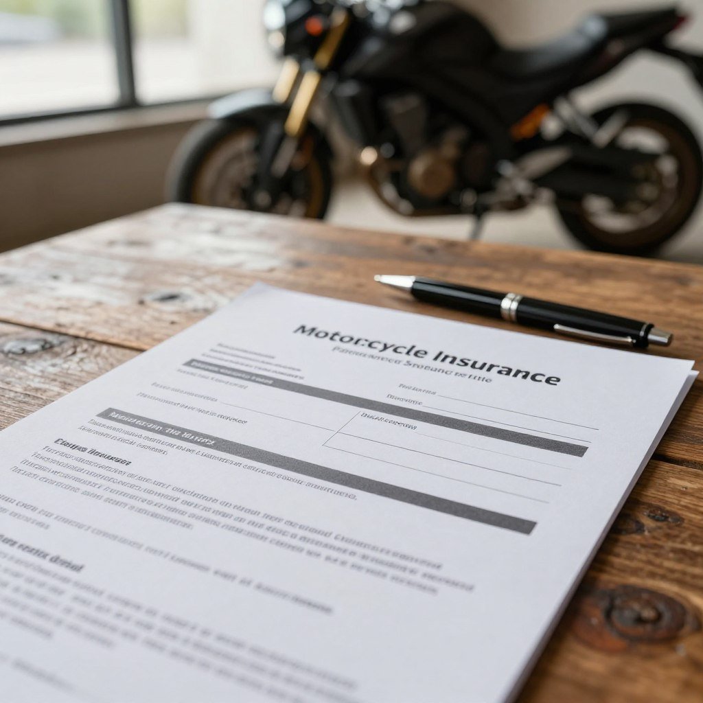 A close-up view of a motorcycle insurance policy document prominently displayed on a rustic wooden table. In the foreground, the policy features intricate designs and legal terminologies. The middle ground showcases a pen resting beside the document, emphasizing the act of signing or reviewing the policy. The background features a blurred motorcycle parked beside a window, with soft, natural light filtering in, creating a warm and serene atmosphere. The scene captures a sense of contemplation and caution, reflecting the theme of what is not covered by motorcycle insurance. The lighting is soft, emphasizing the textures of the paper and the motorcycle, while maintaining a professional and focused mood.