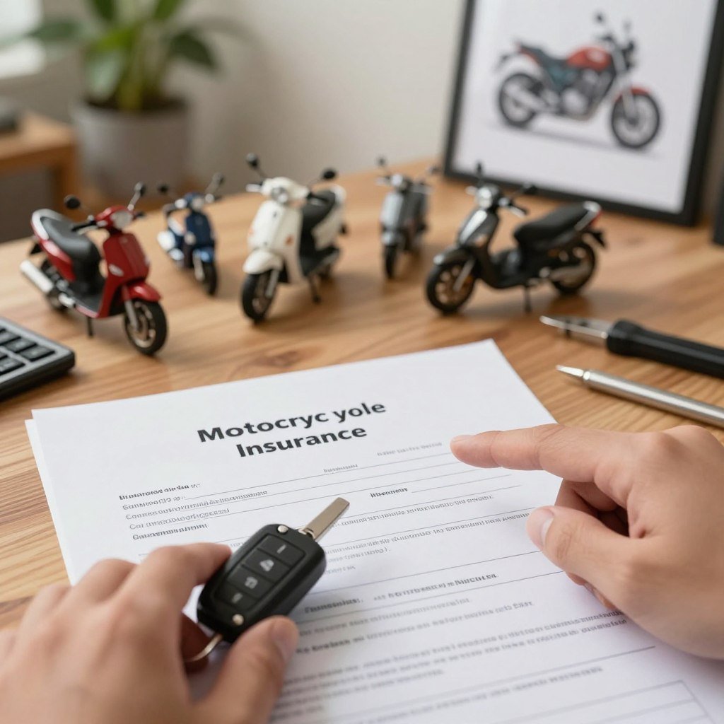 A close-up view of a motorcycle insurance policy document prominently displayed on a wooden desk, symbolizing the concept of motorcycle insurance value. In the foreground, include a hand holding a motorcycle key, pointing towards the document, conveying the connection between the vehicle and its insurance. In the middle, softly blurred images of different types of motorcycles can be seen to represent variety and choice, along with some tools associated with motorcycle maintenance. In the background, a warm, inviting office space with soft lighting, a potted plant, and framed motorcycle artwork adds an atmosphere of professionalism and reliability. The overall mood should be informative and trustworthy, highlighting the importance of insurance in motorcycle ownership.