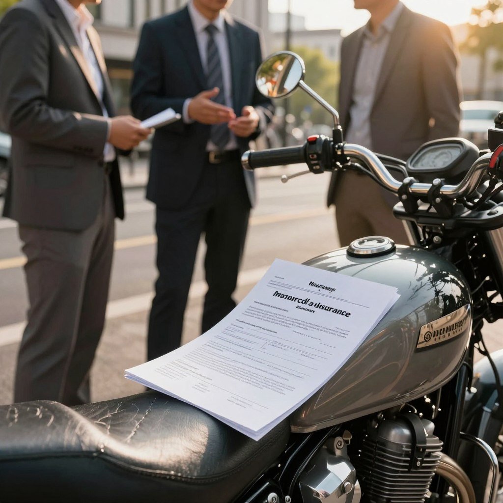A close-up view of a motorcycle parked on a city street, showcasing a prominent insurance policy document laid on the seat. The motorcycle, a classic model with a sleek design, is positioned in the foreground, illuminated by warm, late afternoon sunlight that casts soft shadows. In the middle, people in business attire can be seen discussing the benefits of motorcycle insurance, gesturing toward the bike, reflecting a sense of professionalism and camaraderie. In the background, urban elements like buildings and trees provide context, hinting at a vibrant city life. The overall mood is optimistic and informative, emphasizing security and protection as essential themes in motorcycle ownership. The focus is sharp on the motorcycle and the document, creating a sense of importance and clarity around the topic at hand.