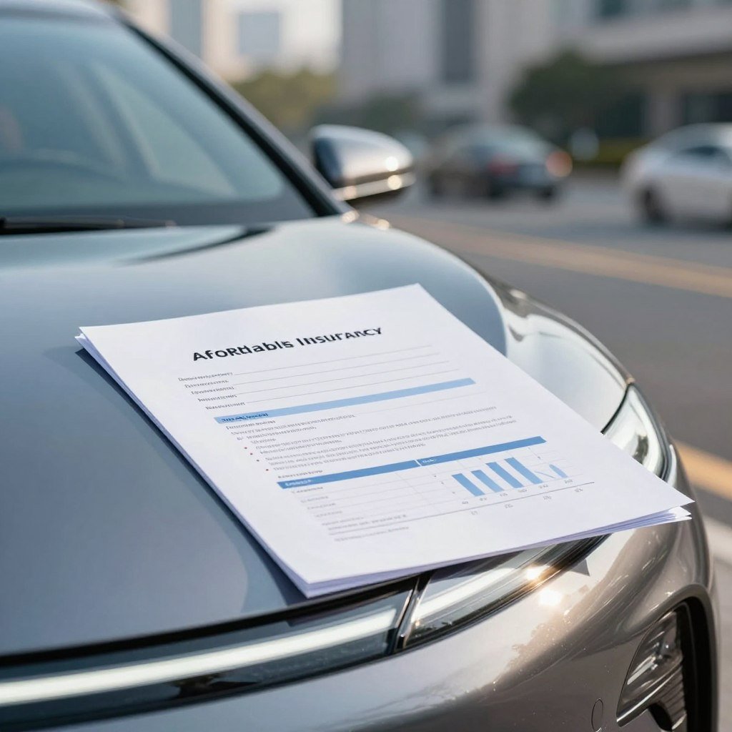 A close-up view of a sleek, modern car accentuated by a shiny, affordable insurance policy document laid next to it. In the foreground, the car's polished surface reflects sunlight, giving it a vibrant and appealing look. In the middle, the insurance document is artistically placed, with figures and graphs representing cost analysis subtly visible but without any text. The background captures a blurred urban landscape, hinting at a bustling city life. The lighting is bright and inviting, suggesting optimism and clarity around car ownership and insurance. The mood is professional yet approachable, encouraging viewers to consider the cost-effectiveness of car insurance based on vehicle choices. No text or watermarks present.