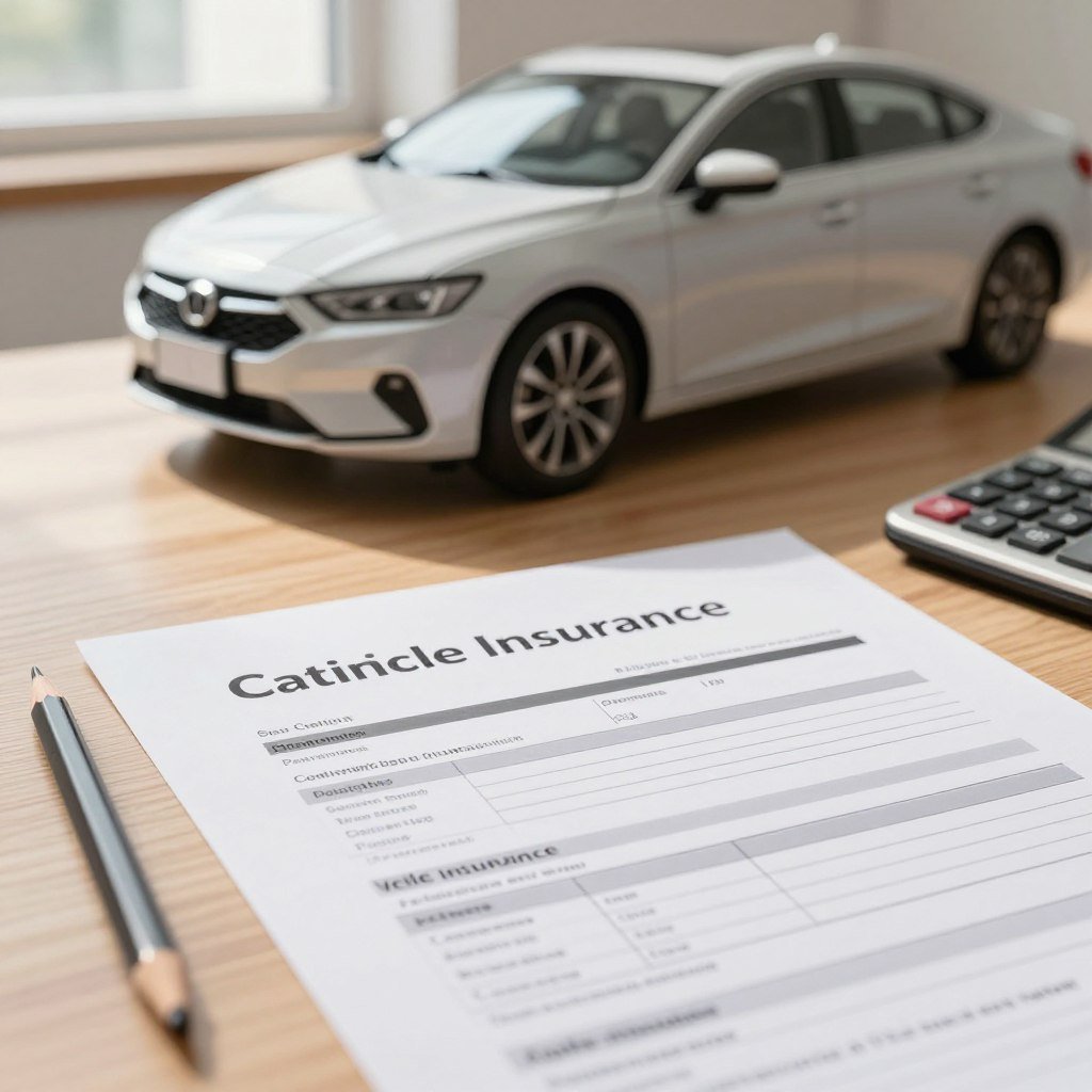 A close-up view of an affordable car insurance policy laying on a clean wooden desk, with a stylish pencil and a calculator nearby. In the background, a sleek, modern sedan is parked, symbolizing the concept of an economical car. Soft, natural lighting filters in from a nearby window, casting gentle shadows that evoke a warm, inviting atmosphere. The scene conveys a sense of practicality and financial wisdom, fitting for a guide on saving money on vehicle insurance. The angle captures both the policy details and the vehicle in a single frame, ensuring a cohesive narrative around car ownership and financial security without any distractions or text.